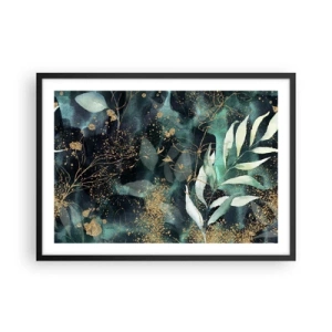 Poster in cornice nera - Eleganti foglie su sfondo scuro con accenti dorati - 70x50cm - Il giardino incantato - Decorazione murale moderna per soggiorno e camera da letto ARTTOR