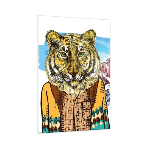 Quadro su vetro - Una tigre con un cappotto sullo sfondo di un paesaggio montano - 80x120cm - Non così selvaggia come la si dipinge - Decorazione murale moderna per soggiorno e camera da letto ARTTOR