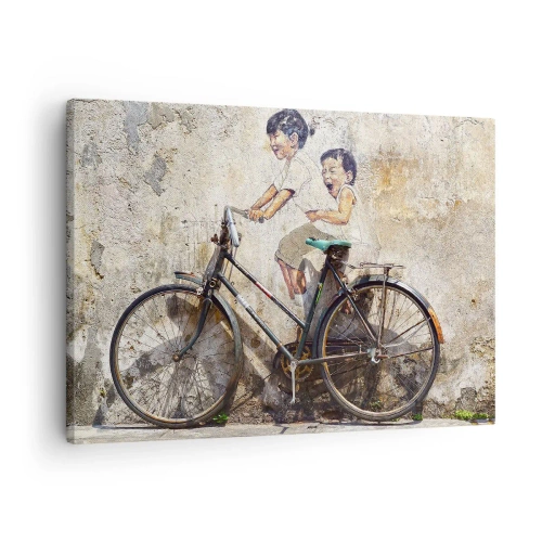 Quadro su tela - Stampe su Tela - Street art con una bicicletta e disegni di bambini sul muro - 70x50cm - Vero o falso? - Decorazione murale moderna per soggiorno e camera da letto ARTTOR