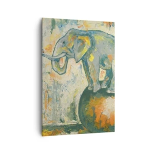 Quadro su tela - Stampe su Tela - Un elefante in equilibrio su una palla in stile artistico - 70x100cm - Evviva il circo! - Decorazione murale moderna per soggiorno e camera da letto ARTTOR
