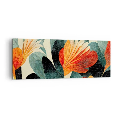 Quadro su tela - Stampe su Tela - Fiori dalle intense tonalità di arancione e verde - 140x50cm - Caldo dei tropici e fresco del verde - Decorazione murale moderna per soggiorno e camera da letto ARTTOR