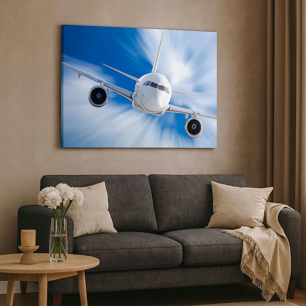 Quadro su tela - Stampe su Tela - Un aereo passeggeri in movimento contro il cielo - 70x50cm - Nel cielo, più veloce del vento - Decorazione murale moderna per soggiorno e camera da letto ARTTOR
