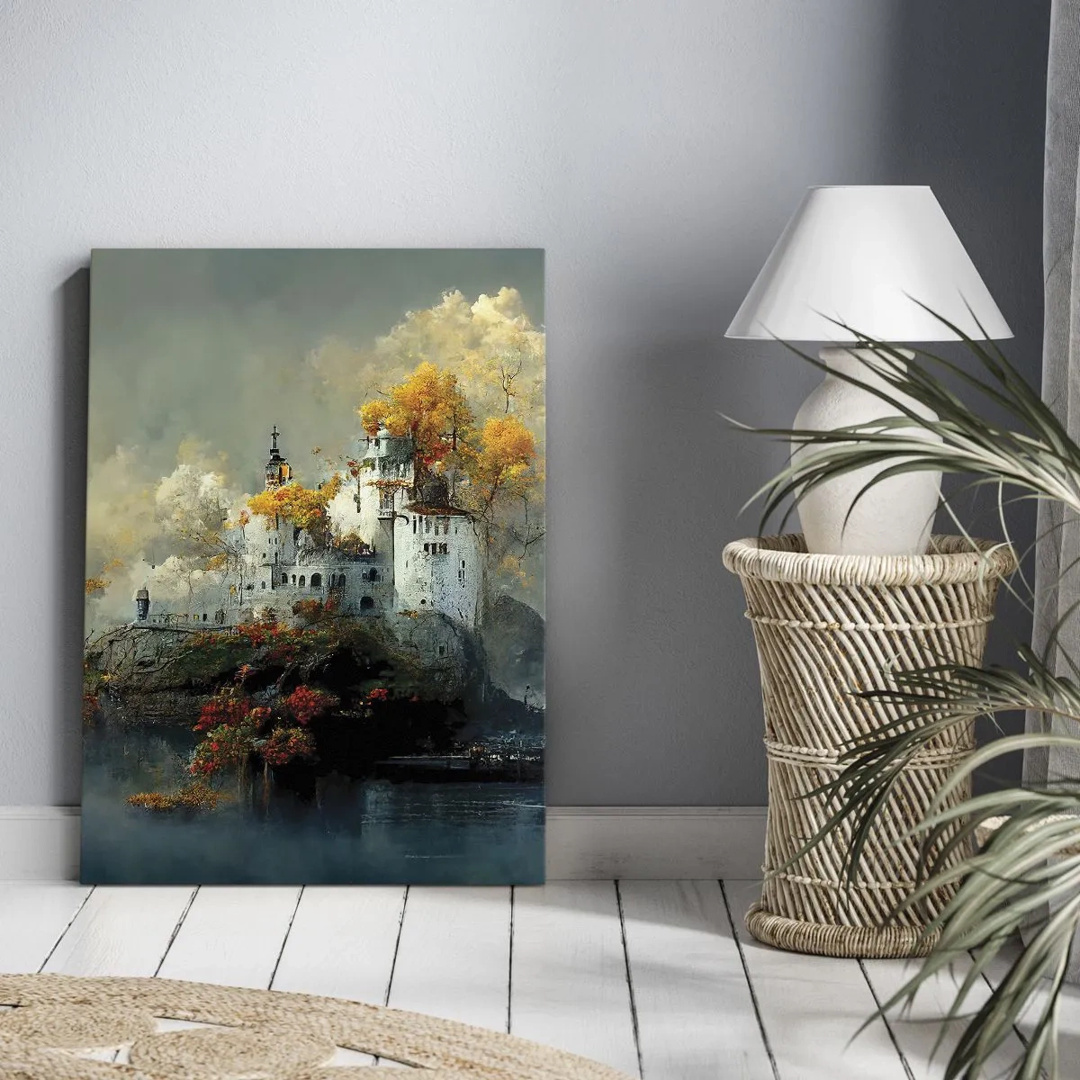 Quadro su tela - Stampe su Tela - Un castello su una collina circondato da alberi autunnali - 80x120cm - Inizio di una storia romantica - Decorazione murale moderna per soggiorno e camera da letto ARTTOR