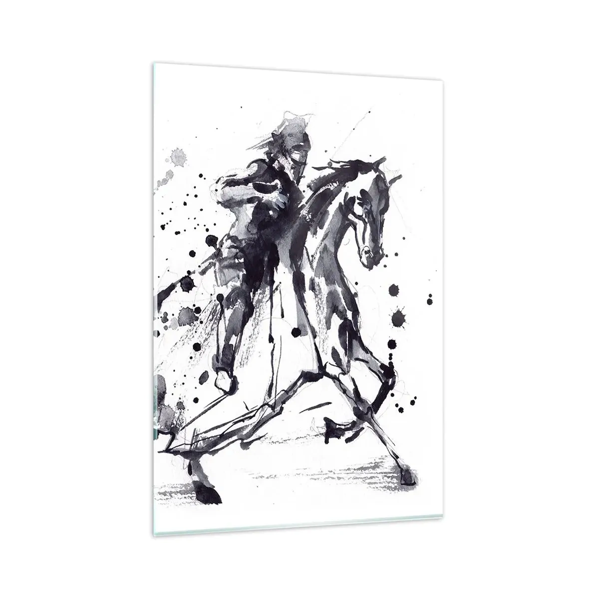 Quadro su vetro - Acquerello in bianco e nero di un cavaliere su un cavallo al galoppo - 80x120cm - Il cavaliere nero - Decorazione murale moderna per soggiorno e camera da letto ARTTOR
