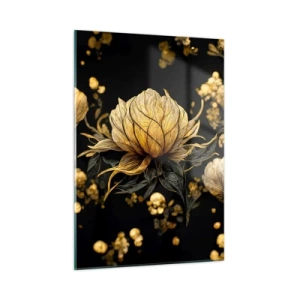 Quadro su vetro - Fiori dorati su sfondo nero in una composizione elegante - 50x70cm - Delicata fragilità - Decorazione murale moderna per soggiorno e camera da letto ARTTOR