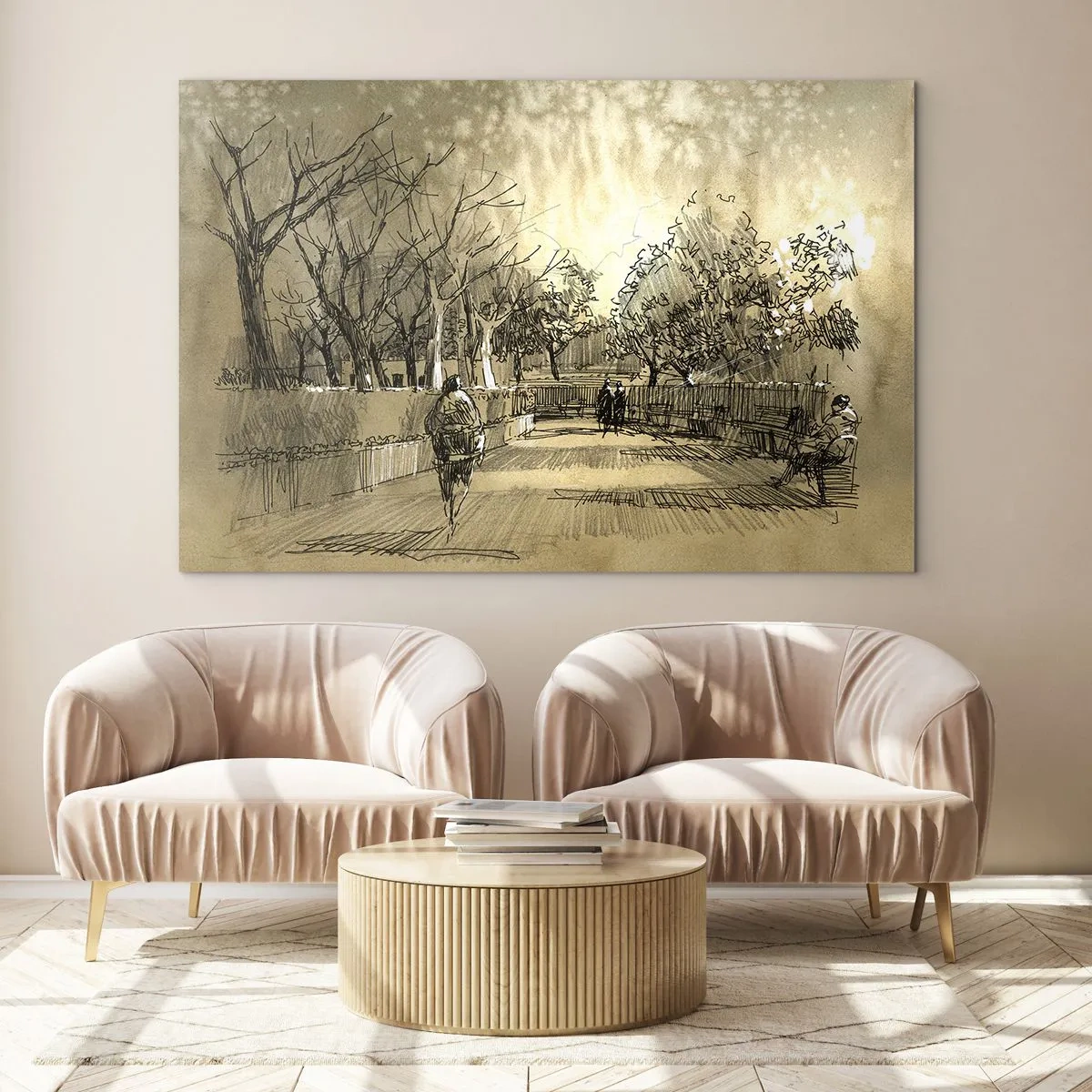Quadro su vetro - Un disegno di un parco con sentieri e persone che camminano - 100x70cm - Attimo fermato con la penna - Decorazione murale moderna per soggiorno e camera da letto ARTTOR