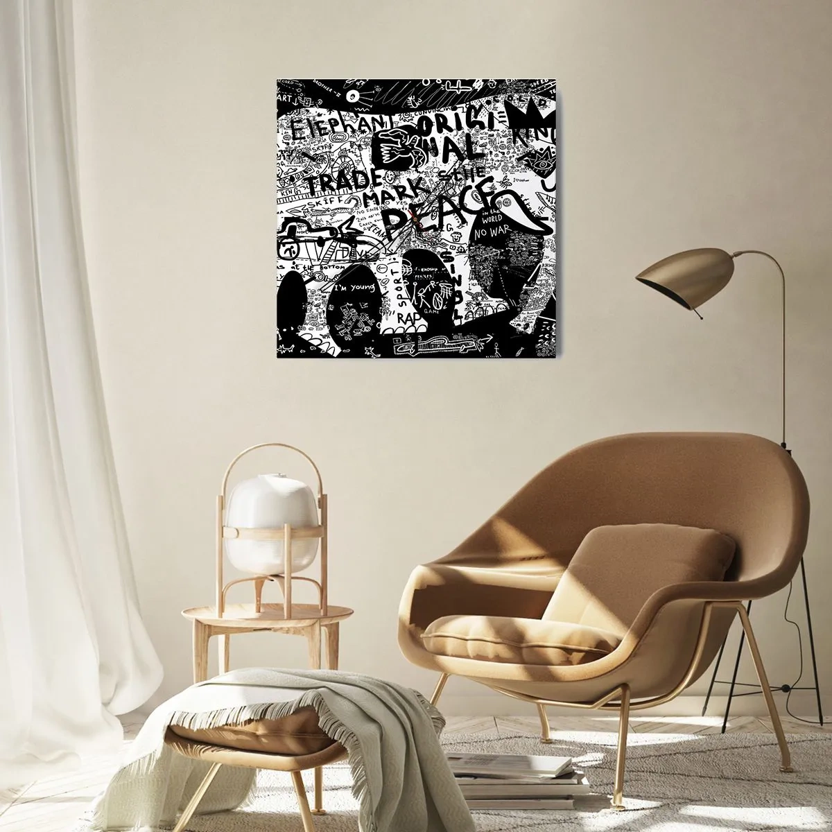 Orologio da parete - Orologio in Vetro - Grafica in bianco e nero con motivi graffiti - 30x30cm - Il ricco mondo della strada - Decorazione murale moderna per soggiorno e camera da letto ARTTOR