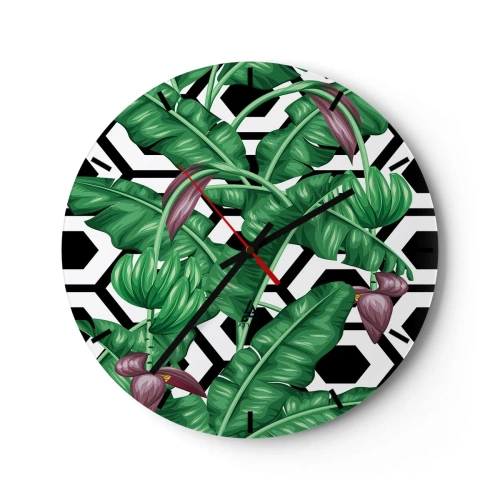 Orologio da parete - Orologio in Vetro - Foglie di banano tropicale su uno sfondo geometrico - 30x30cm - Composizione simmetrica con la natura - Decorazione murale moderna per soggiorno, cucina e camera da letto ARTTOR