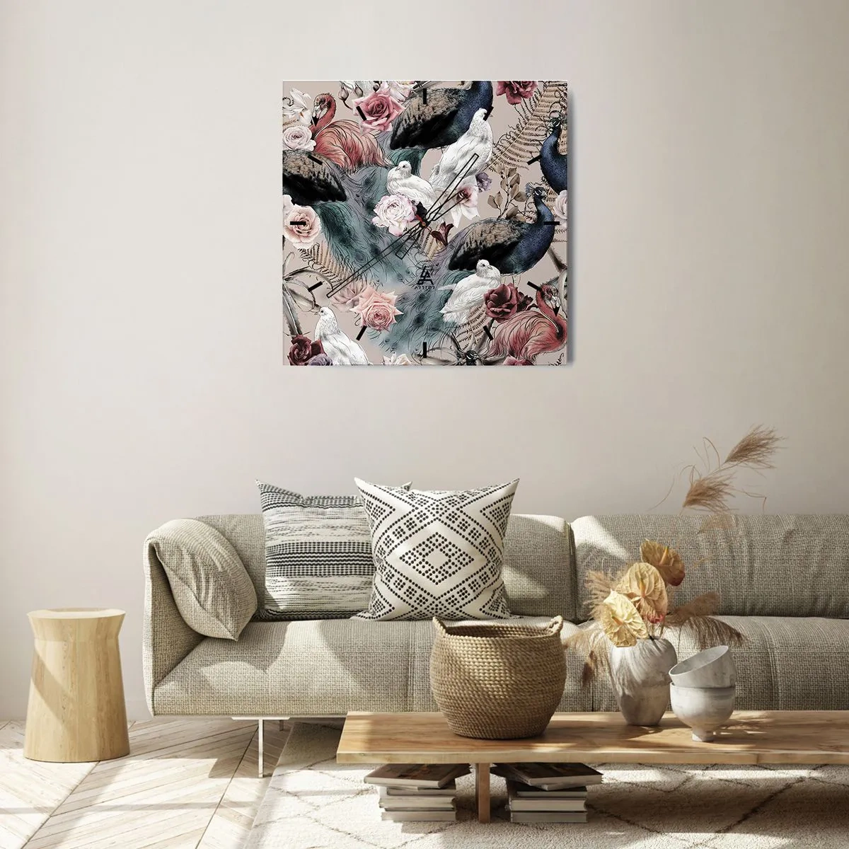 Orologio da parete - Orologio in Vetro - Un paesaggio con piume di pavone, rose e uccelli in stile romantico. - 30x30cm - Nel giardino del palazzo - Decorazione murale moderna per soggiorno e camera da letto ARTTOR