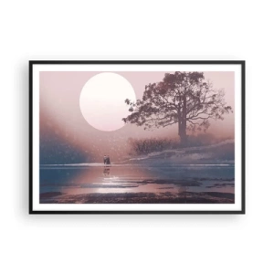 Poster in cornice nera - Scena romantica con la luna e un albero in riva all'acqua - 100x70cm - Meraviglie della notte - Decorazione murale moderna per soggiorno e camera da letto ARTTOR