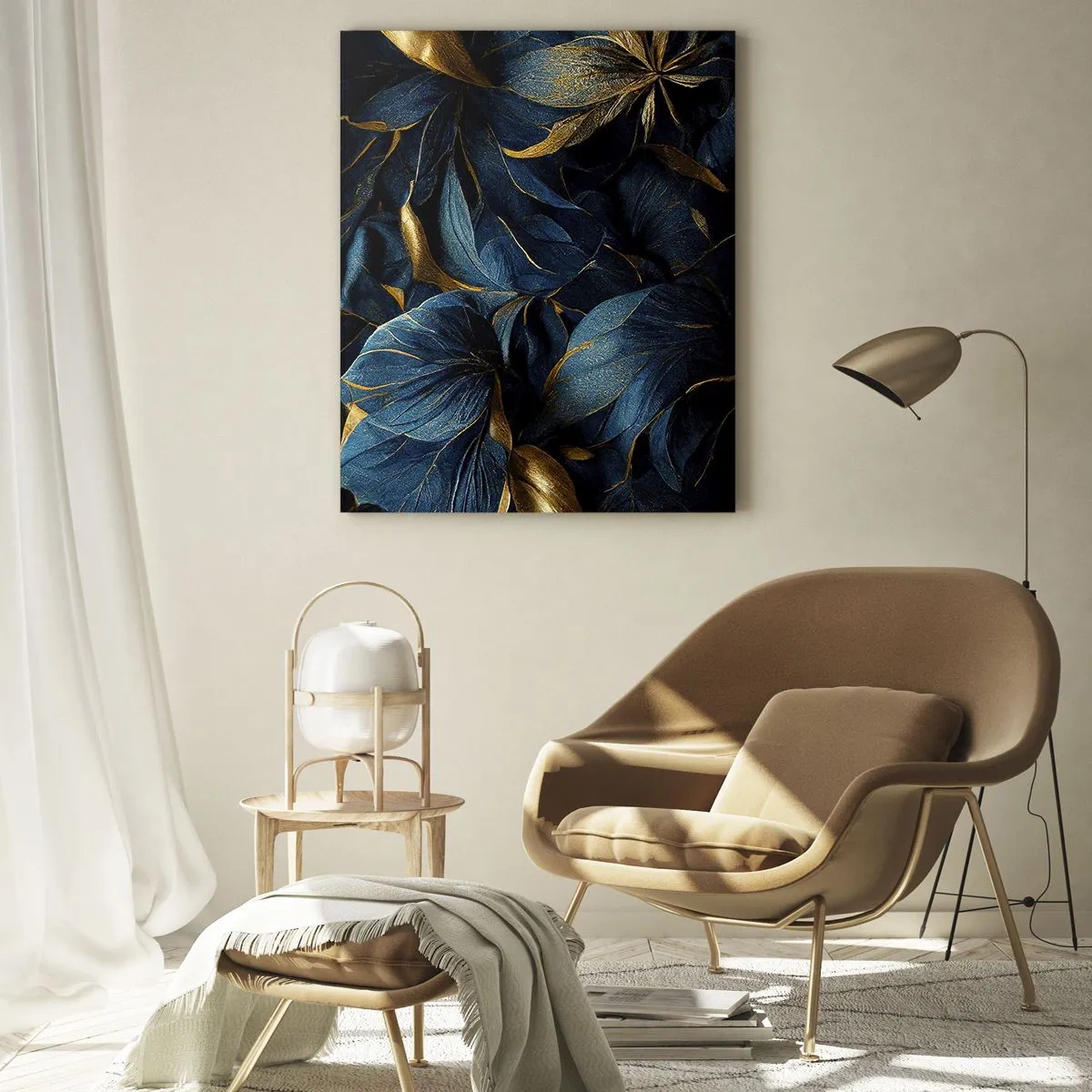 Quadro su vetro - Foglie blu scuro con sottili accenti dorati - 50x70cm - Foderati d'oro - Decorazione murale moderna per soggiorno e camera da letto ARTTOR