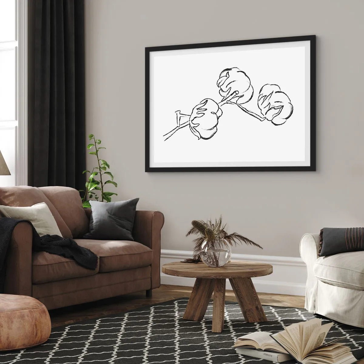 Poster in cornice nera - Un delicato contorno di un ramo di cotone su uno sfondo bianco - 70x50cm - Piumino di cotone - Decorazione murale moderna per soggiorno e camera da letto ARTTOR