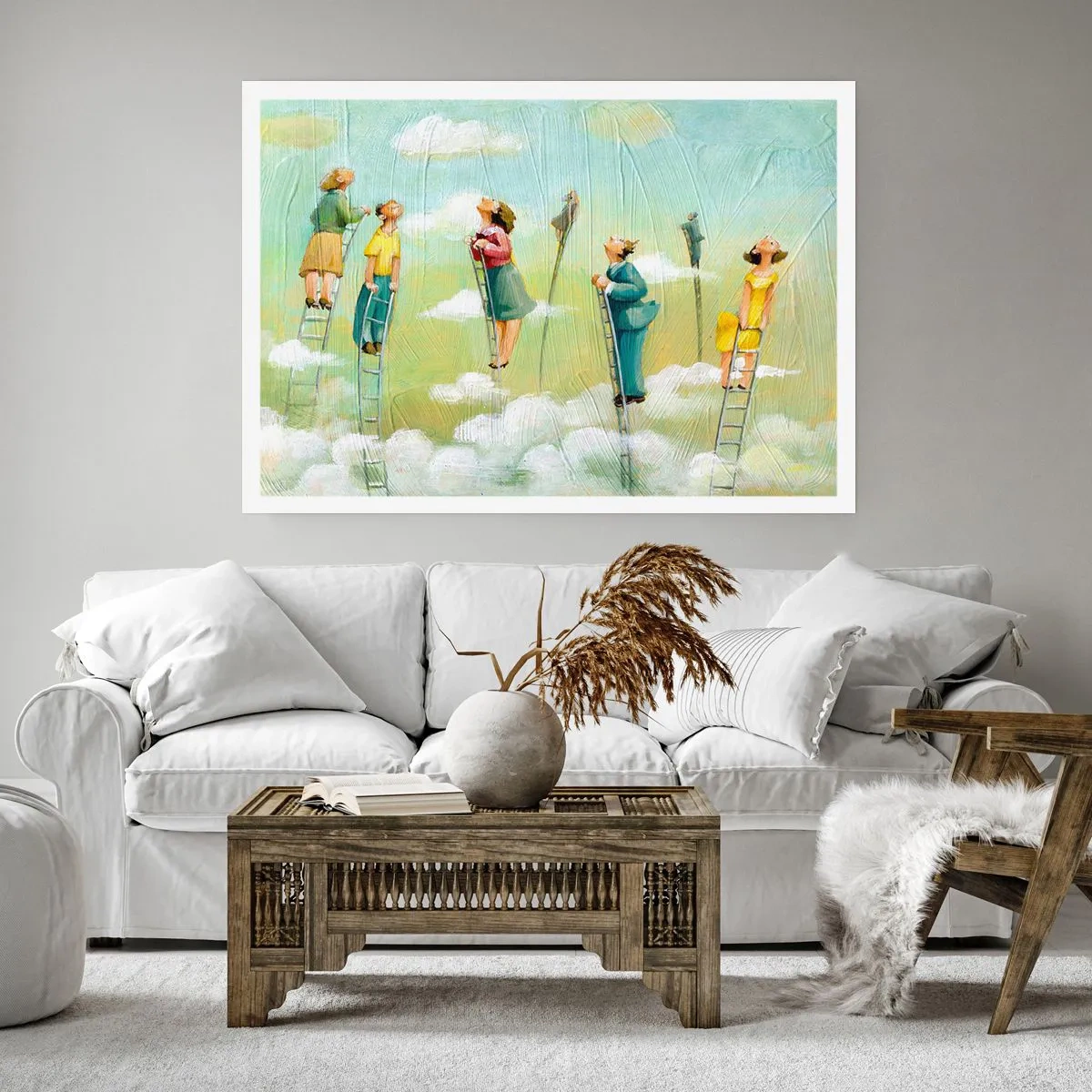 Poster - Figure che salgono scale tra le nuvole su uno sfondo pastello. - 100x70cm - Seguendo i propri sogni - Decorazione murale moderna per soggiorno e camera da letto ARTTOR