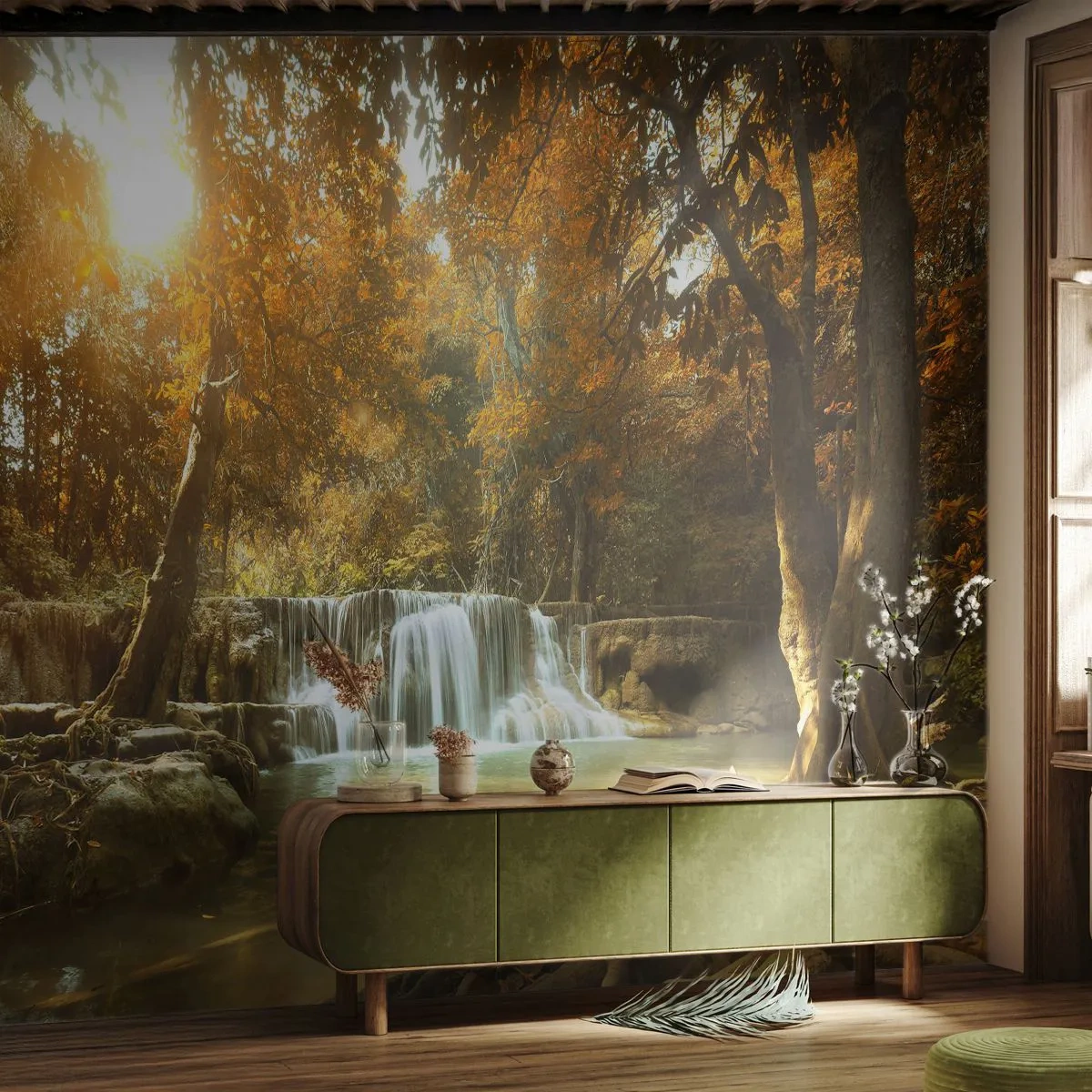 Fotomurali Standard Eco - Cascata autunnale alla luce del sole al tramonto - 100x70cm - Cascata nel parco - Decorazione murale moderna per soggiorno e camera da letto ARTTOR