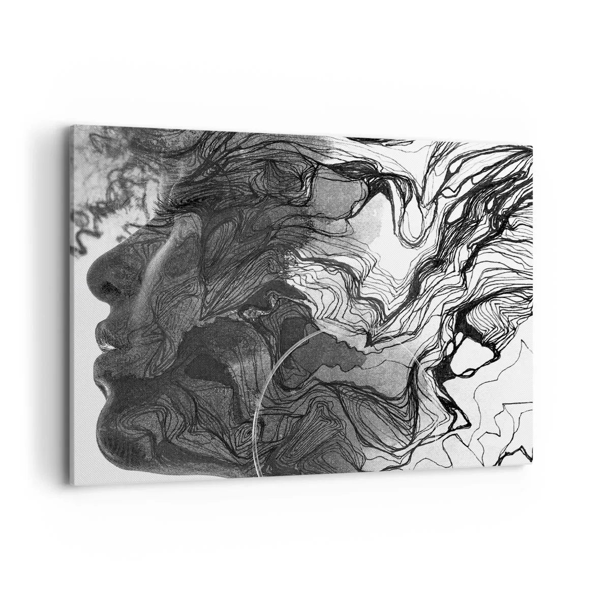 Quadro su tela - Stampe su Tela - Volto astratto in bianco e nero con linee dinamiche. - 100x70cm - Aggrovigliata nei sogni - Decorazione murale moderna per soggiorno e camera da letto ARTTOR