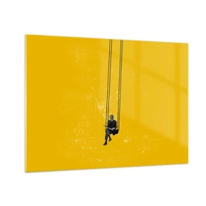 Quadro su vetro - Una figura su un'altalena appesa su uno sfondo giallo - 70x50cm - Un giorno come tanti - Decorazione murale moderna per soggiorno e camera da letto ARTTOR