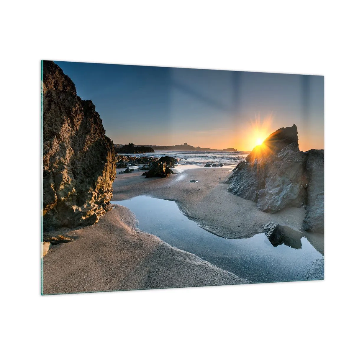 Quadro su vetro - Spiaggia all'alba con rocce pittoresche e acqua - 100x70cm - Mai toccate da mano umana - Decorazione murale moderna per soggiorno e camera da letto ARTTOR
