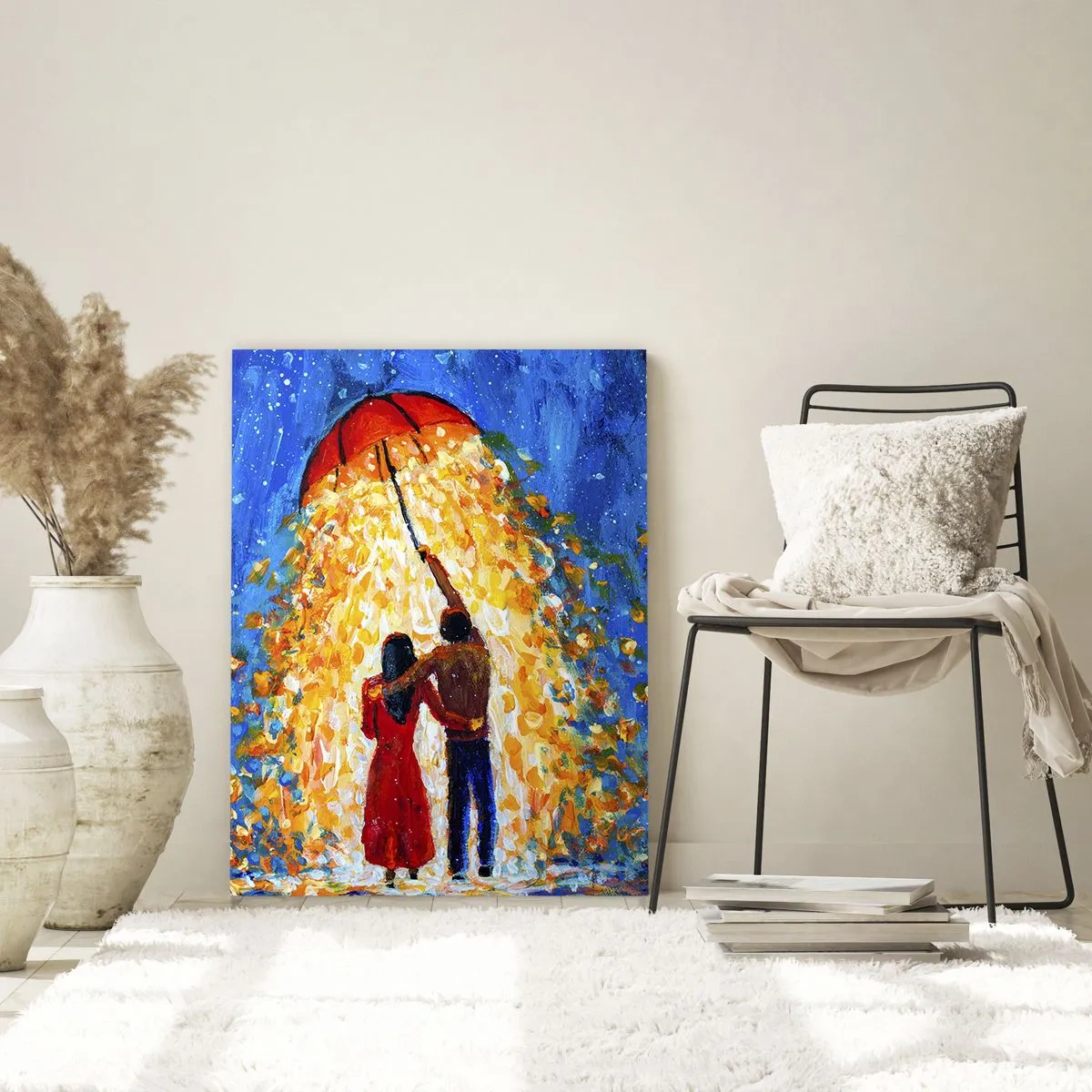 Quadro su vetro - Una coppia sotto un ombrello circondata da una luce dorata contro il cielo notturno - 50x70cm - La magia di una sera piovosa? - Decorazione murale moderna per soggiorno e camera da letto ARTTOR