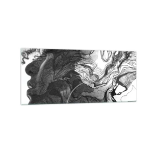 Quadro su vetro - Volto astratto in bianco e nero con linee dinamiche. - 120x50cm - Aggrovigliata nei sogni - Decorazione murale moderna per soggiorno e camera da letto ARTTOR