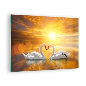 Quadro su vetro - Due cigni sull'acqua formano un cuore sullo sfondo di un tramonto - 70x50cm - Cuore è la più bella parola del mondo… - Decorazione murale moderna per soggiorno e camera da letto ARTTOR