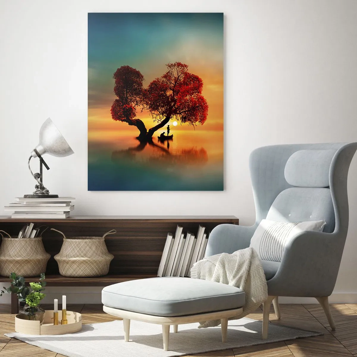 Quadro su vetro - Un albero dalle foglie rosse e una barca sull'acqua al tramonto - 80x120cm - Gli esiliati e il silenzio fuori dal mondo - Decorazione murale moderna per soggiorno e camera da letto ARTTOR