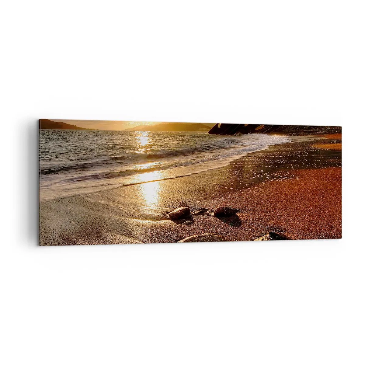 Quadro su tela - Stampe su Tela - Spiaggia al tramonto con pietre sulla riva - 140x50cm - Seguendo il sole verso le colline - Decorazione murale moderna per soggiorno e camera da letto ARTTOR