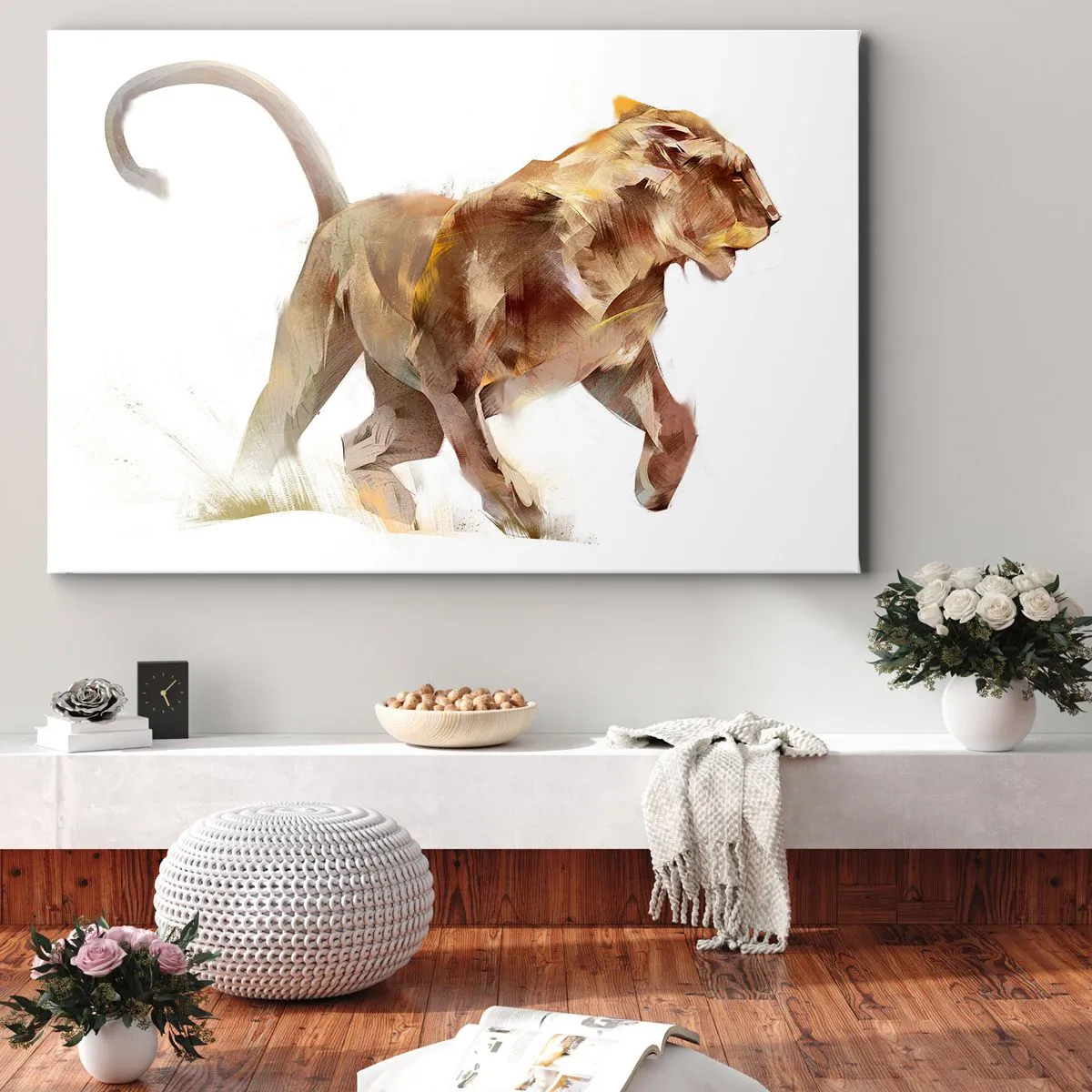 Quadro su tela - Stampe su Tela - Una leonessa che corre in un'interpretazione artistica - 70x50cm - Grazia selvatica - Decorazione murale moderna per soggiorno e camera da letto ARTTOR
