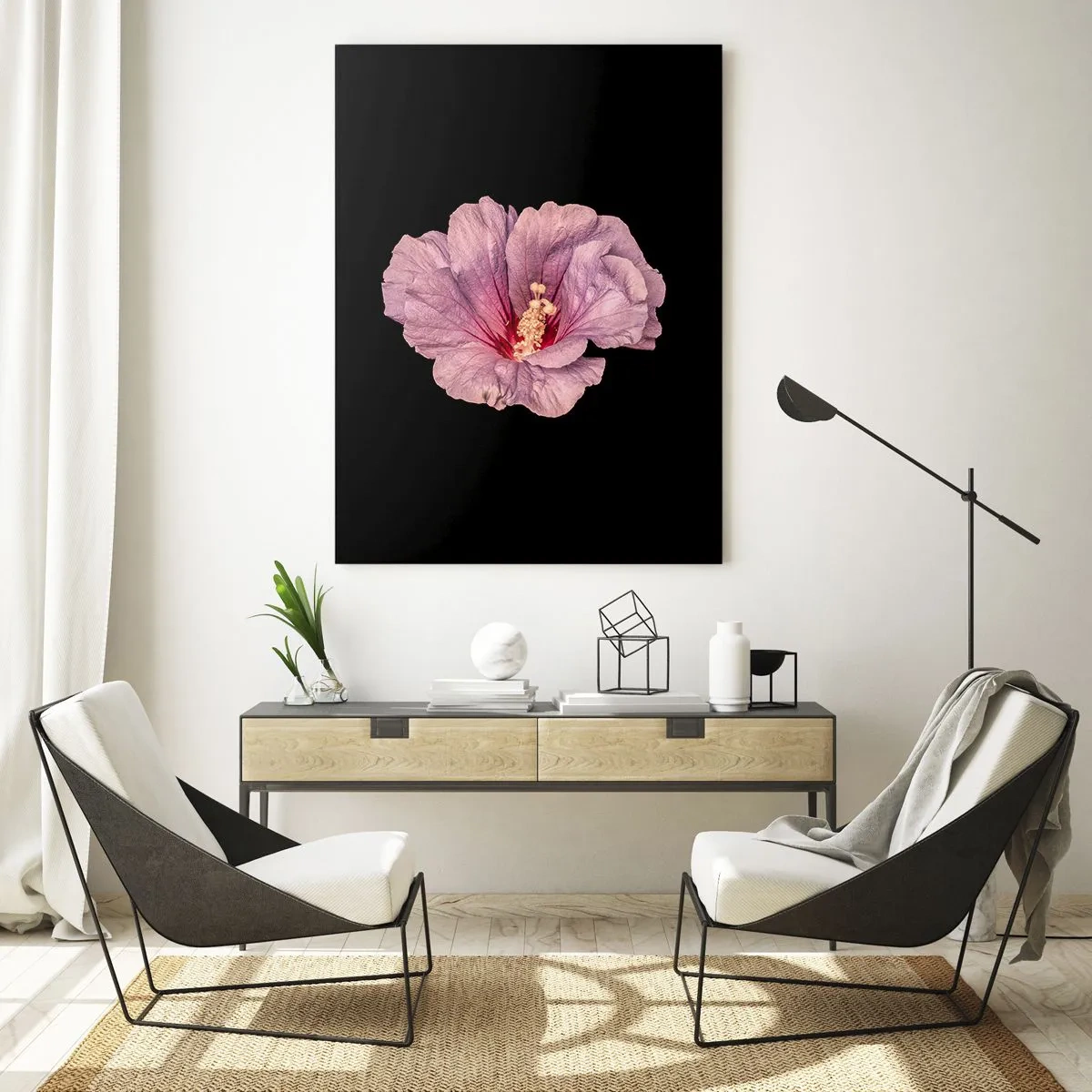 Quadro su vetro - Primo piano di un fiore di ibisco rosa su sfondo nero - 50x70cm - Dritto al cuore - Decorazione murale moderna per soggiorno e camera da letto ARTTOR
