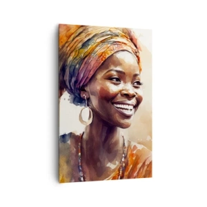 Quadro su tela - Stampe su Tela - Ritratto di una donna sorridente con una sciarpa colorata in acquerello - 80x120cm - Regina africana - Decorazione murale moderna per soggiorno e camera da letto ARTTOR