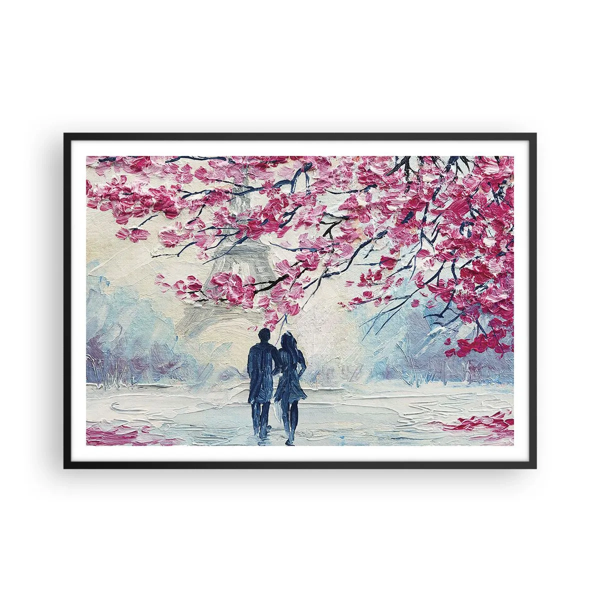 Poster in cornice nera - Una coppia sotto alberi rosa in fiore in un ambiente romantico - 100x70cm - Passeggiata romantica - Decorazione murale moderna per soggiorno e camera da letto ARTTOR