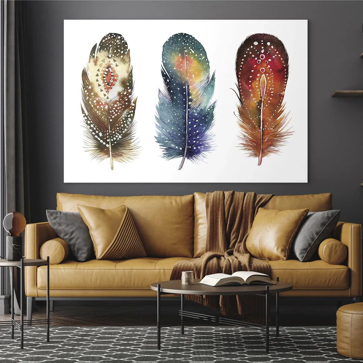 Quadro su vetro - Tre piume colorate con motivi etnici - 70x50cm - Cerimonie, riti, misteri - Decorazione murale moderna per soggiorno e camera da letto ARTTOR