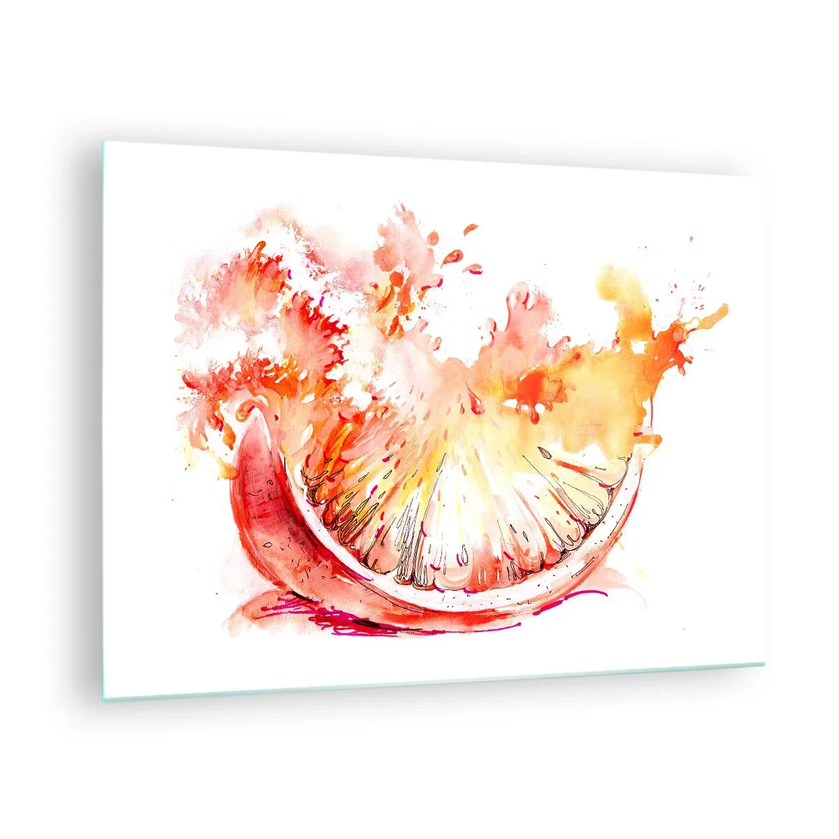 Quadro su vetro - Dipinto ad acquerello di uno spicchio di pompelmo succoso in movimento - 70x50cm - Succoso rinfresco - Decorazione murale moderna per soggiorno e camera da letto ARTTOR