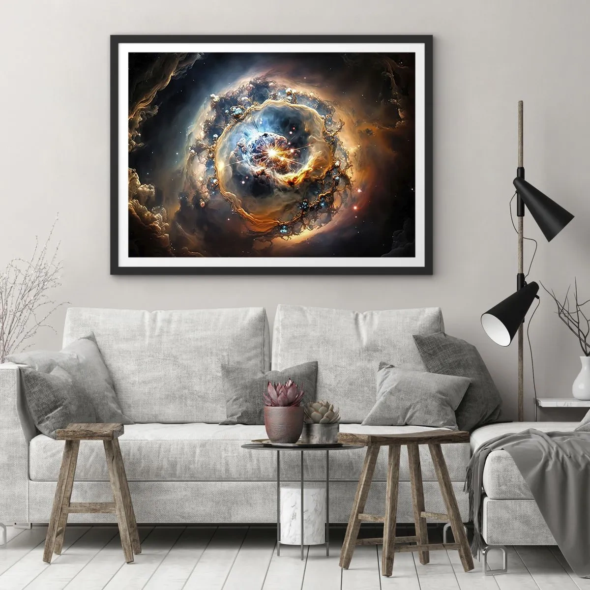 Poster in cornice nera - Una visione astratta di un'esplosione cosmica nei toni dell'oro e del blu. - 70x50cm - L'inizio - Decorazione murale moderna per soggiorno e camera da letto ARTTOR