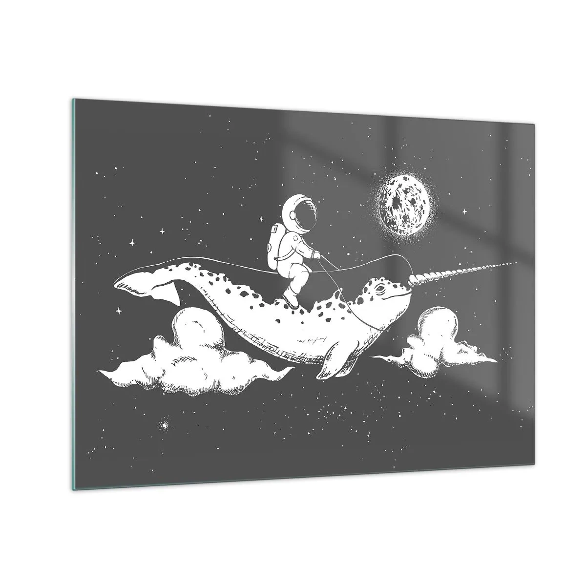 Quadro su vetro - Astronauta che cavalca un narvalo in un ambiente spaziale - 70x50cm - Il cavaliere dello spazio - Decorazione murale moderna per soggiorno e camera da letto ARTTOR