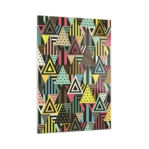 Quadro su vetro - Una composizione astratta con triangoli dai colori intensi. - 50x70cm - Al ritmo di tre - Decorazione murale moderna per soggiorno e camera da letto ARTTOR