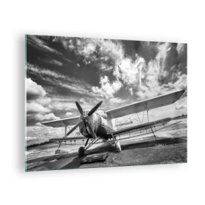 Quadro su vetro - Foto in bianco e nero di un biplano classico - 70x50cm - Non vedo l'ora! - Decorazione murale moderna per soggiorno e camera da letto ARTTOR