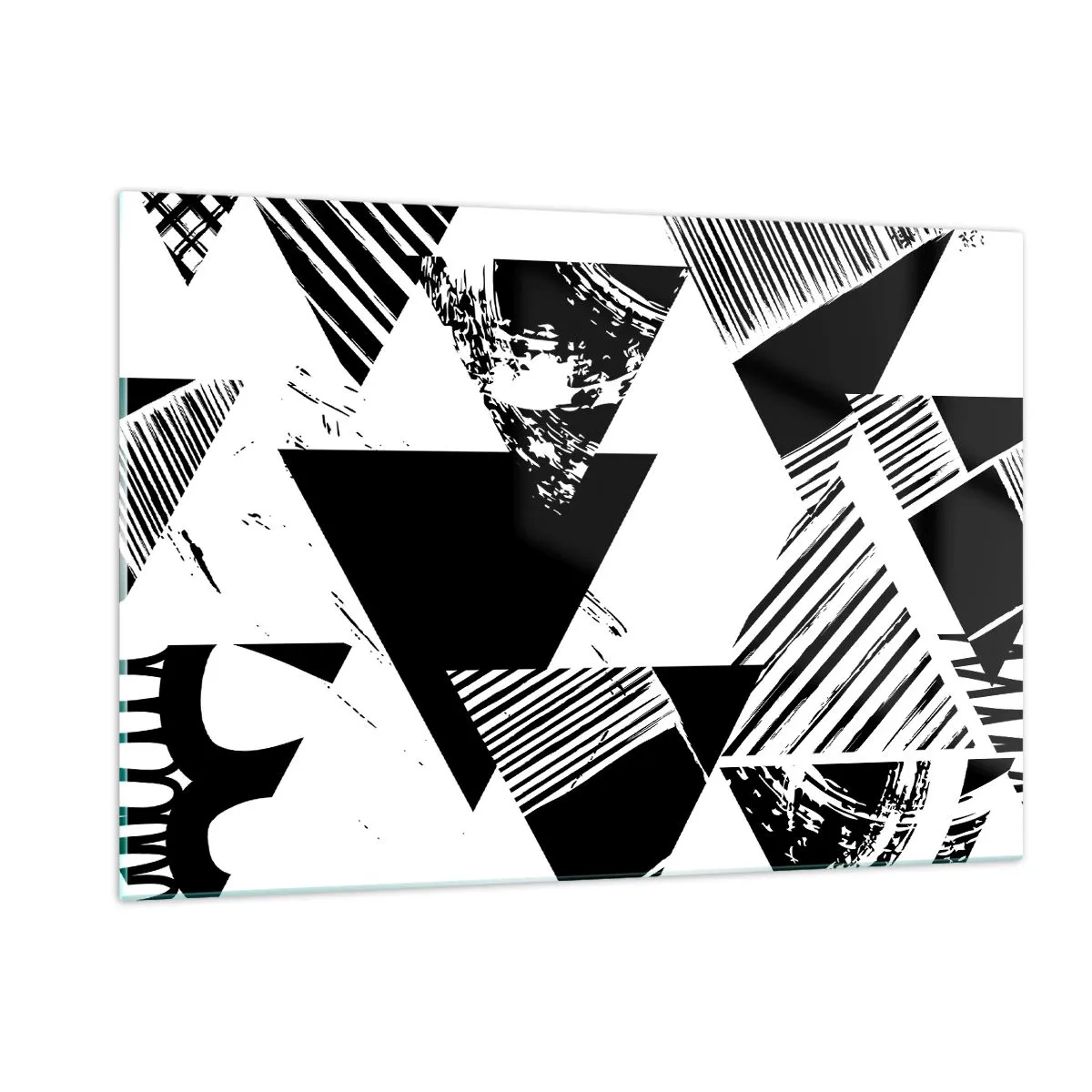 Quadro su vetro - Motivi geometrici in bianco e nero con motivi triangolari - 120x80cm - Pioggia di triangoli - Decorazione murale moderna per soggiorno e camera da letto ARTTOR