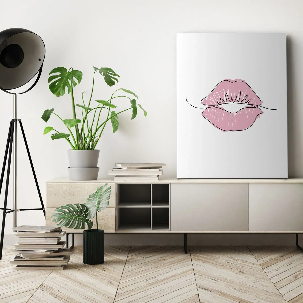 Quadro su tela - Stampe su Tela - Disegno minimalista delle labbra in una tonalità rosa - 50x70cm - Pronti al bacio? - Decorazione murale moderna per soggiorno e camera da letto ARTTOR