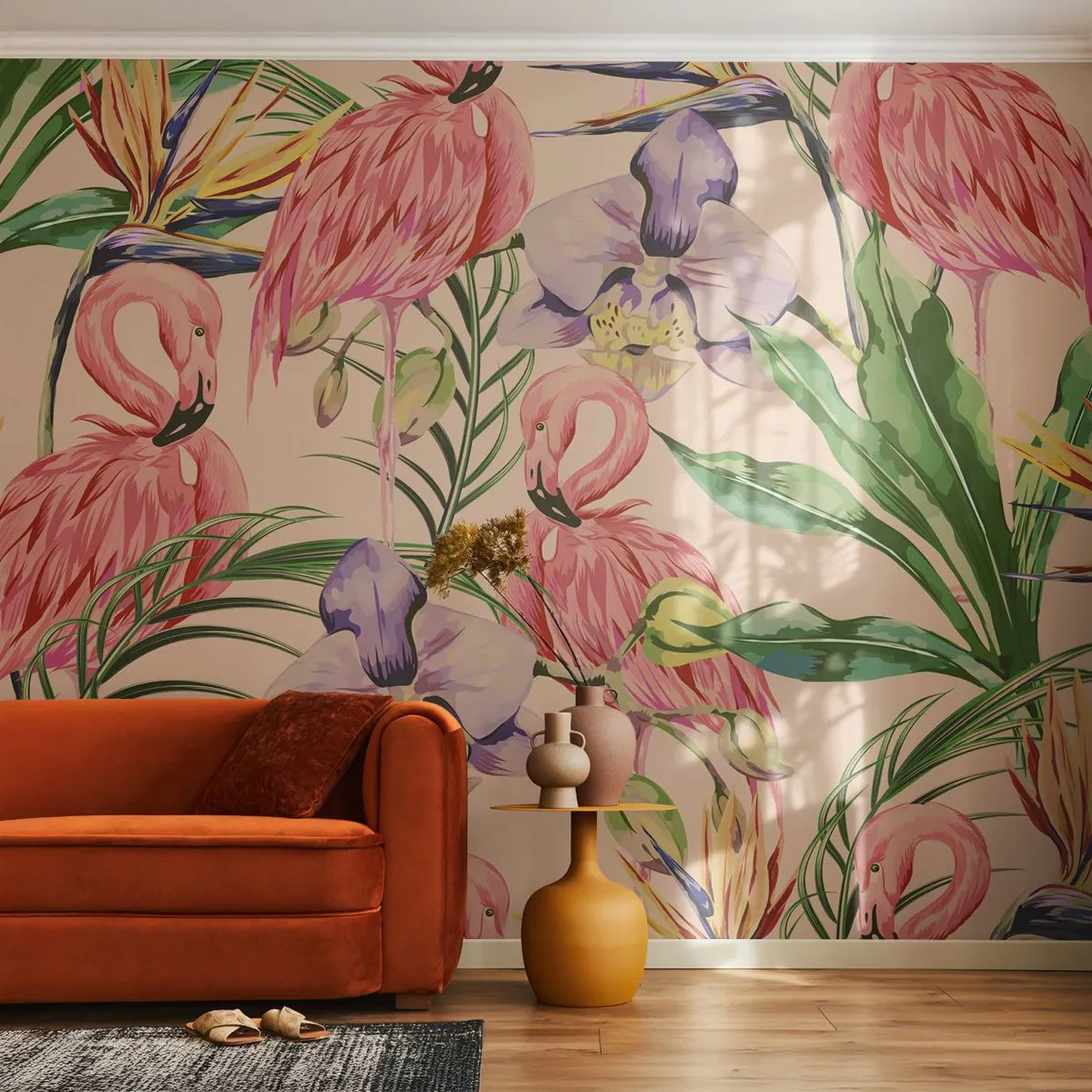 Fotomurali Premium Sand - Fenicotteri e fiori tropicali in un motivo esotico - 100x70cm - Un ballo rosa nei fiori - Decorazione murale moderna per soggiorno e camera da letto ARTTOR