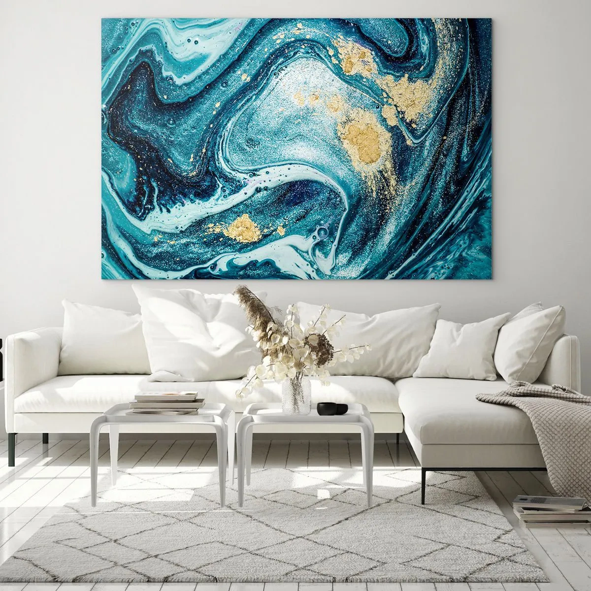 Quadro su vetro - Vortici astratti nelle tonalità del turchese e dell'oro - 120x80cm - Vortice blu - Decorazione murale moderna per soggiorno e camera da letto ARTTOR