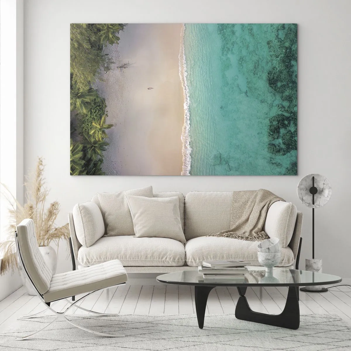 Quadro su vetro - Vista aerea di una spiaggia tropicale e del mare turchese - 70x50cm - Spiaggia del paradiso - Decorazione murale moderna per soggiorno e camera da letto ARTTOR