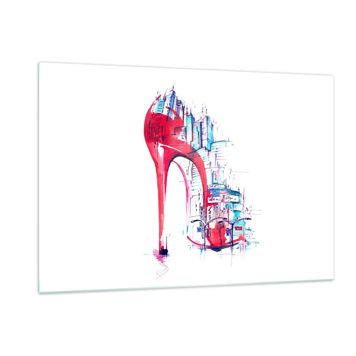 Quadro su vetro - Stiletto rosso con motivo di architettura urbana - 120x80cm - Elegante nella grande città - Decorazione murale moderna per soggiorno e camera da letto ARTTOR