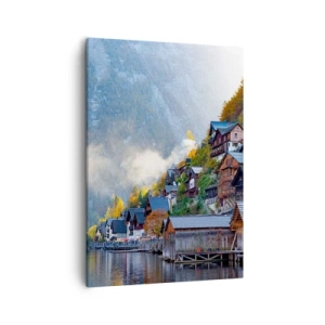 Quadro su tela - Stampe su Tela - Un villaggio di montagna vicino a un lago in uno scenario autunnale - 50x70cm - Atmosfera alpina - Decorazione murale moderna per soggiorno e camera da letto ARTTOR