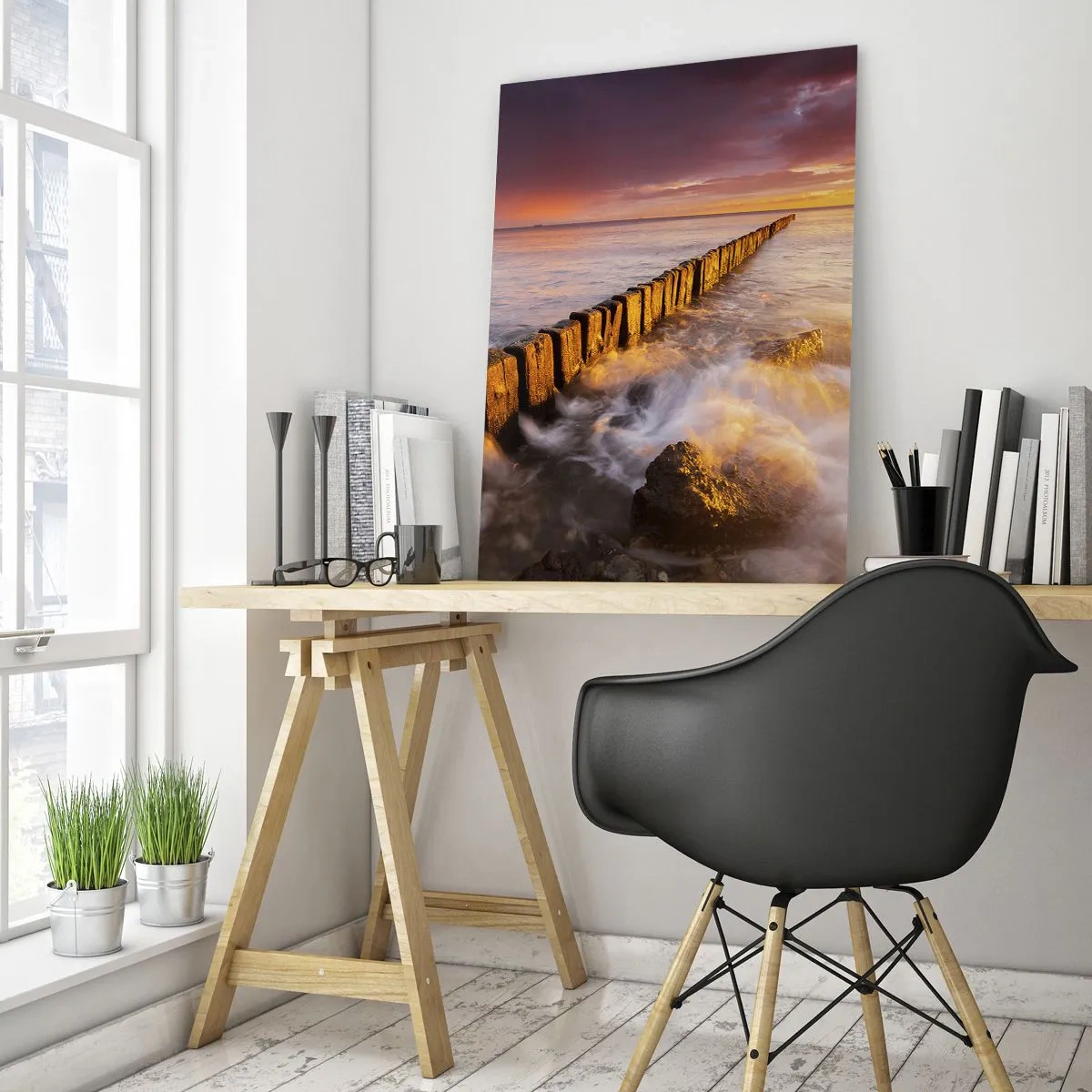 Quadro su vetro - Un paesaggio pittoresco in riva al mare al tramonto - 70x100cm - La mitezza delle onde - Decorazione murale moderna per soggiorno e camera da letto ARTTOR