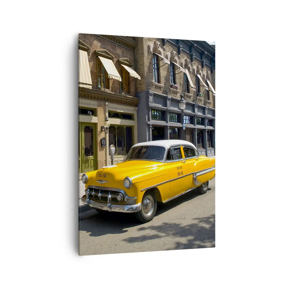 Quadro su tela - Stampe su Tela - Un taxi giallo su una strada fiancheggiata da case popolari - 70x100cm - Tanto tempo fa in America - Decorazione murale moderna per soggiorno e camera da letto ARTTOR
