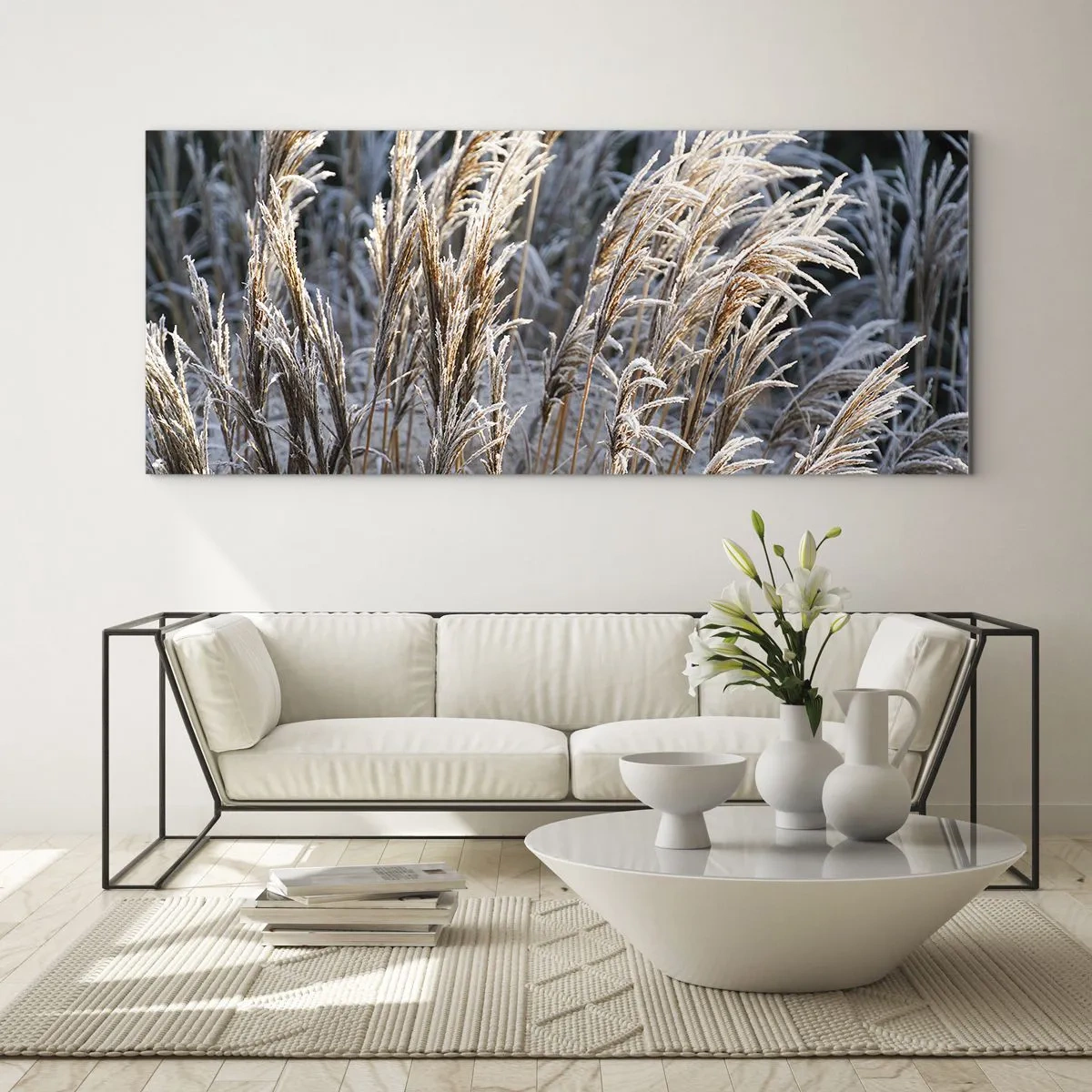 Quadro su vetro - Fili d'erba invernali ricoperti di brina su uno sfondo verde scuro - 120x50cm - Vestite di brina - Decorazione murale moderna per soggiorno e camera da letto ARTTOR