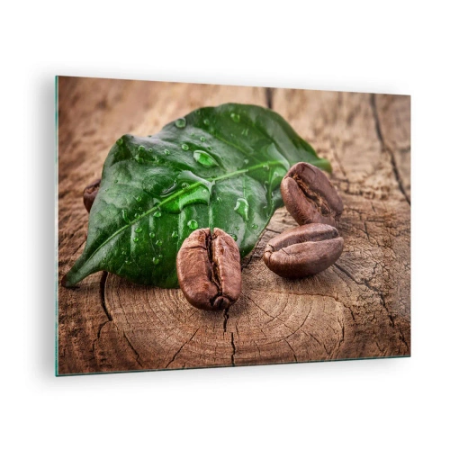 Quadro su vetro - Chicchi di caffè su uno sfondo di foglie e legno - 70x50cm - Nero e autentico - Decorazione murale moderna per soggiorno e camera da letto ARTTOR