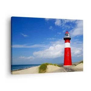 Quadro su tela - Stampe su Tela - Faro rosso sulla spiaggia sotto un cielo azzurro - 70x50cm - L'eremo dei sogni - Decorazione murale moderna per soggiorno e camera da letto ARTTOR