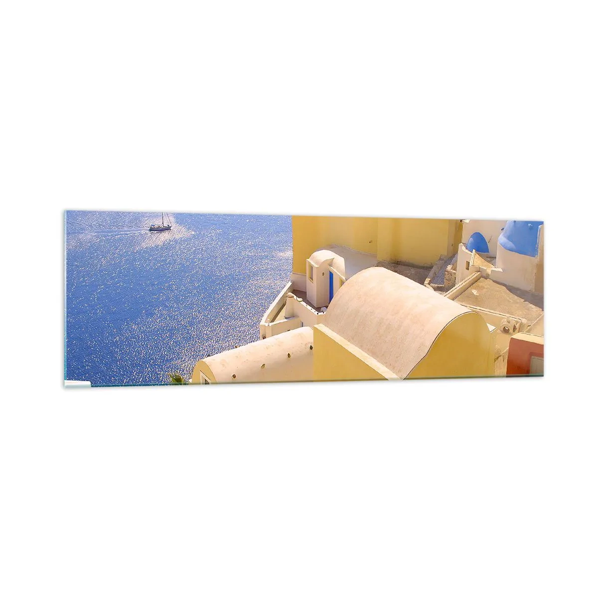 Quadro su vetro - Architettura greca con vista sul mare e una barca sullo sfondo - 160x50cm - Paesaggio greco in bianco e blu - Decorazione murale moderna per soggiorno e camera da letto ARTTOR