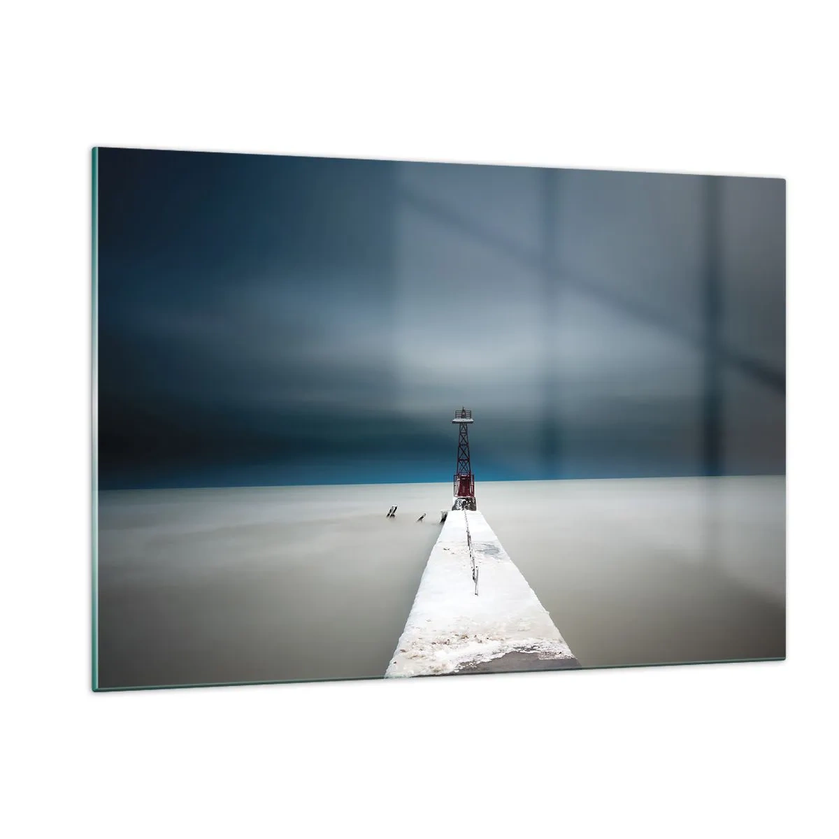 Quadro su vetro - Un molo minimalista che conduce al faro sullo sfondo del mare e del cielo - 120x80cm - Incontrando l'infinito - Decorazione murale moderna per soggiorno e camera da letto ARTTOR